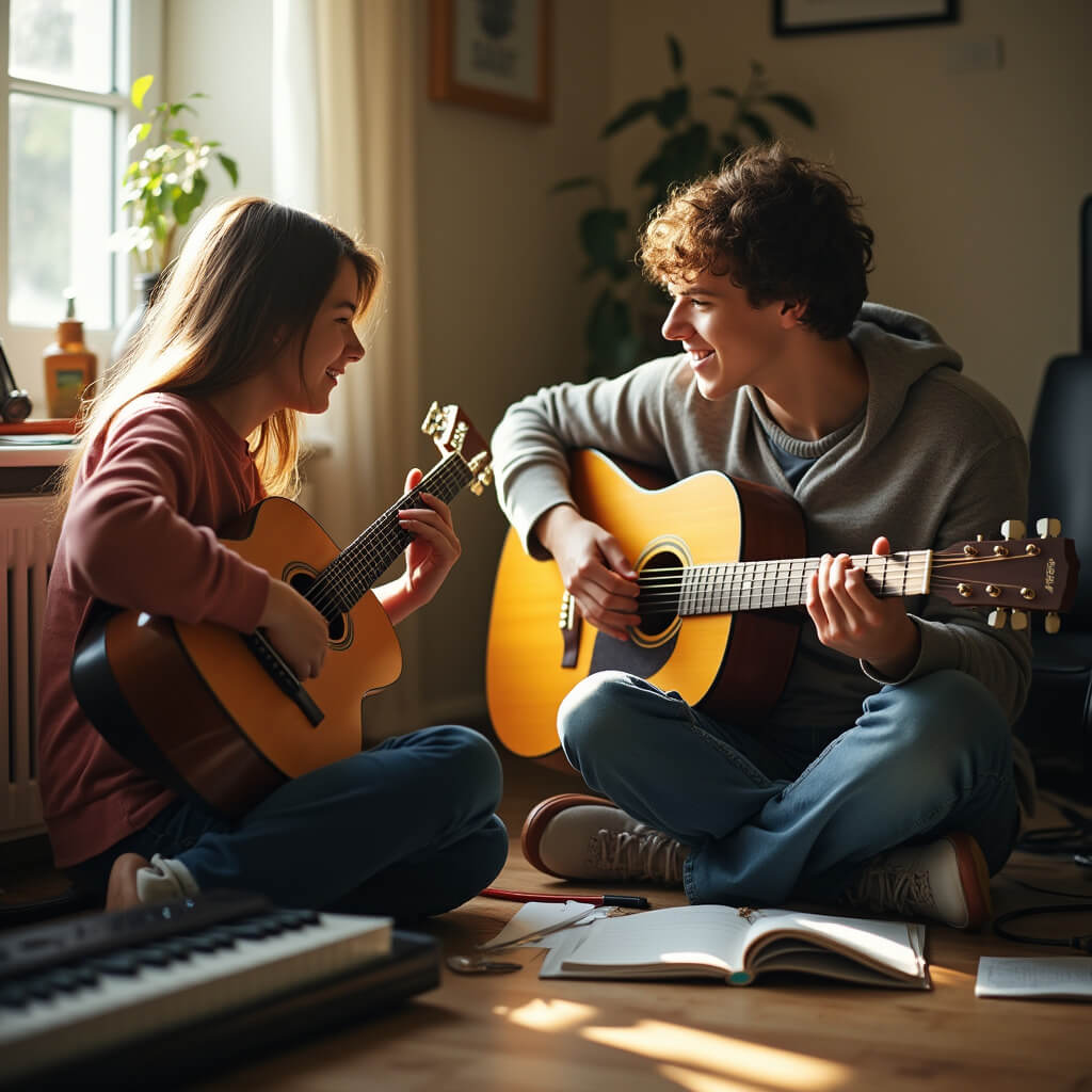 Mentor and child playing guitar